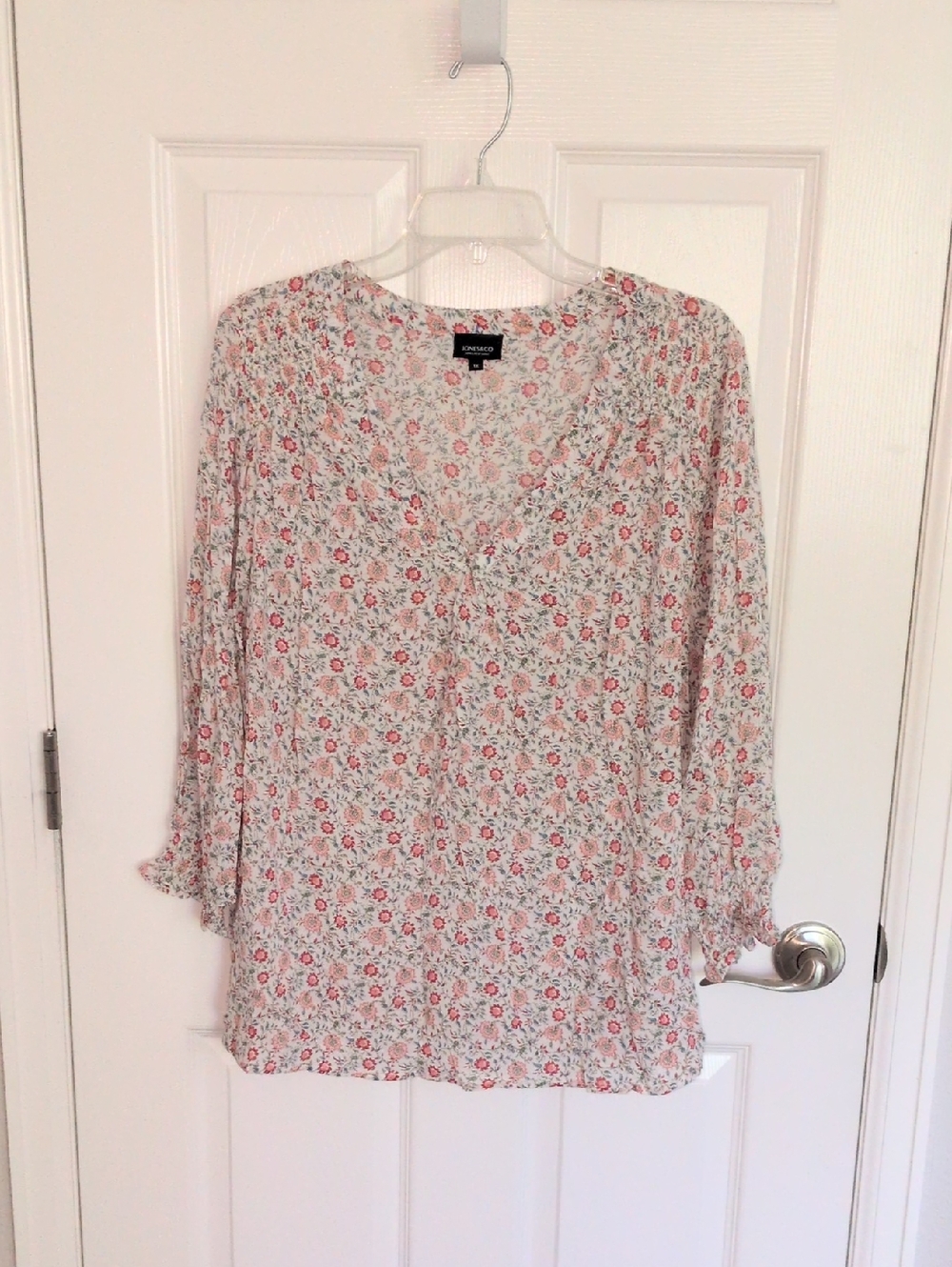 Jones New York Cream Floral Blouse with Pink and Green Accents